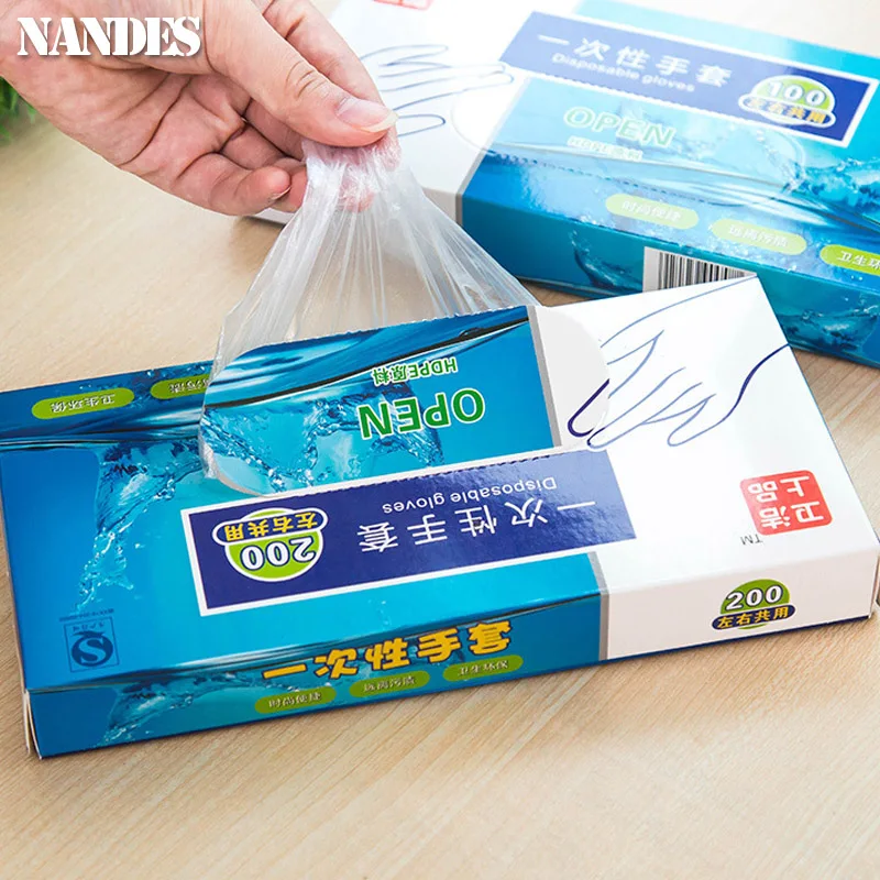 Gants jetables en PE transparents, lot de 100 ou 200 pièces pour alimentaire et coiffure