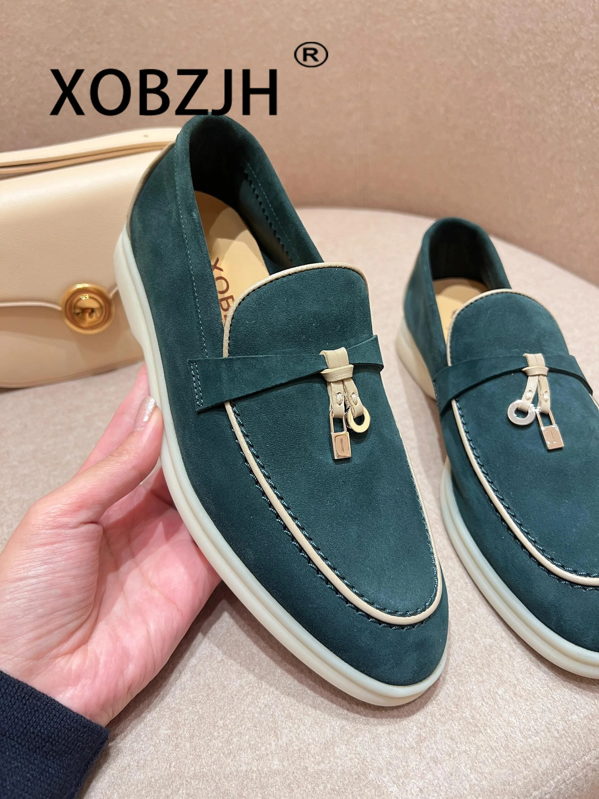Leather Shoes Moccasines Loafers Summer Walk Shoes Suede Women Spring Autumn Fashion Causal Leather Metal Pendant Flat Shoes Lazy SlipOn Mules