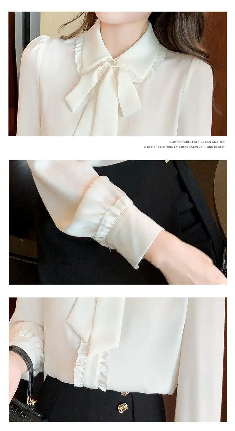 Bow Tie White Chiffon Shirt 2022 Spring Summer Korean Fashion Blouse Lace Elegant Long Sleeve Shirt for Female Casual Clothing