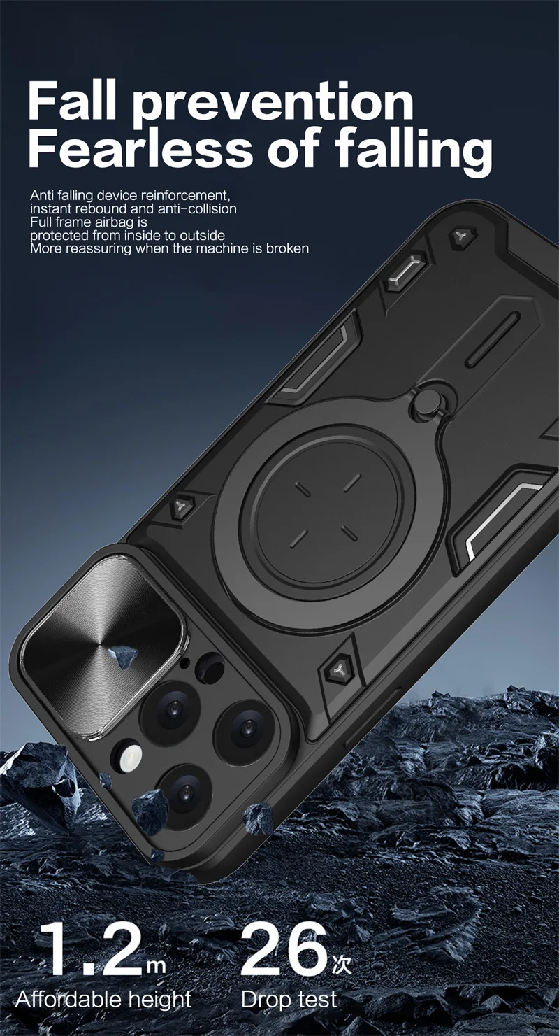 Ultimate Shockproof Armor Phone Case with Slide Lens Protector and Ring Holder Back Cover