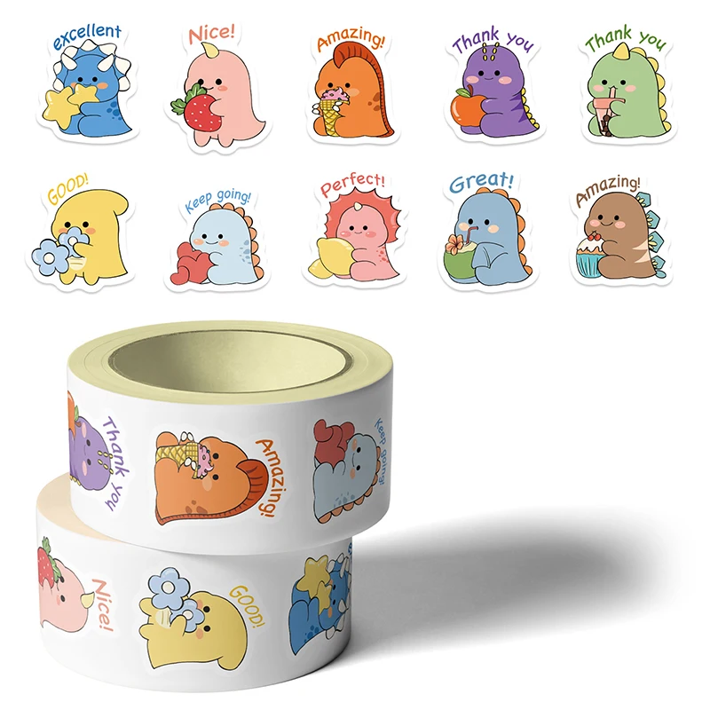 500PCS 공룡 동물 스티커 라운드 동물 보상 롤 스티커 학교 용품 인센티브 배변 훈련 스티커