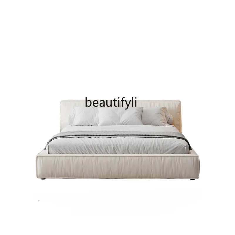 

Italian Minimalist Leather Bed Master Bedroom Tofu Block Bed Double Bed Floor Solid Wood Bed down