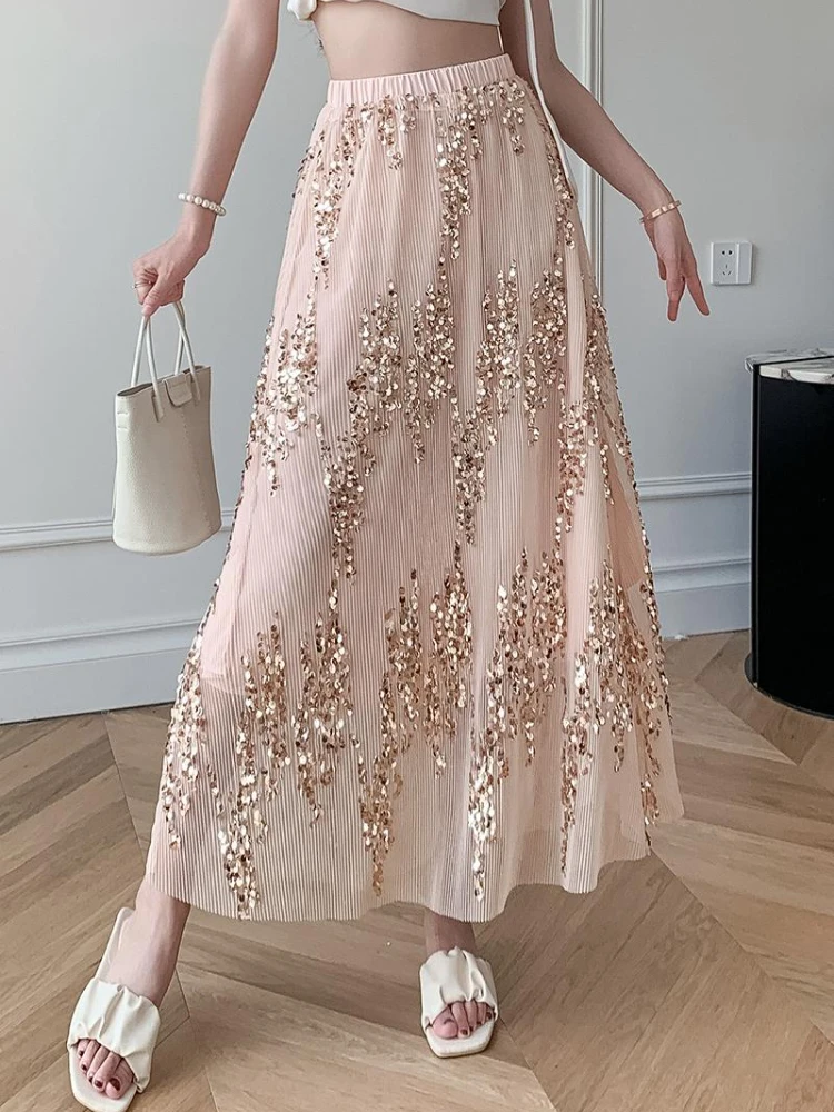 

Fitaylor New Summer Women Fashion Sequin A-line Mesh Skirts Lady Casual Elastic High Waist Solid Color Long Skirt
