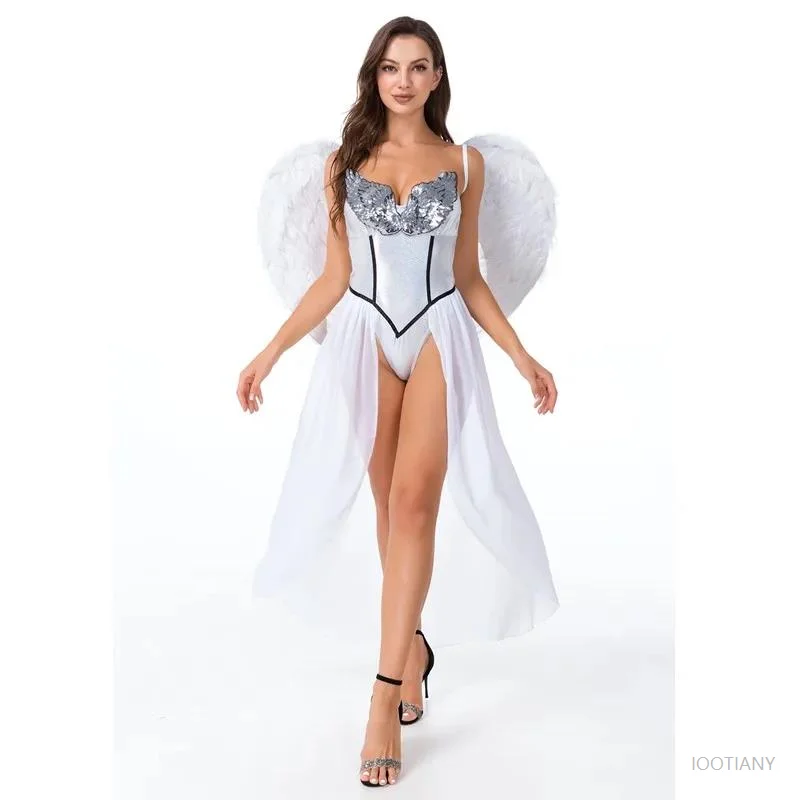 Halloween Sexy Devil Fallen White Angel With Wings Greek Goddess Costume Day Of The Dead Carnival Party Princess Cosplay  Masque