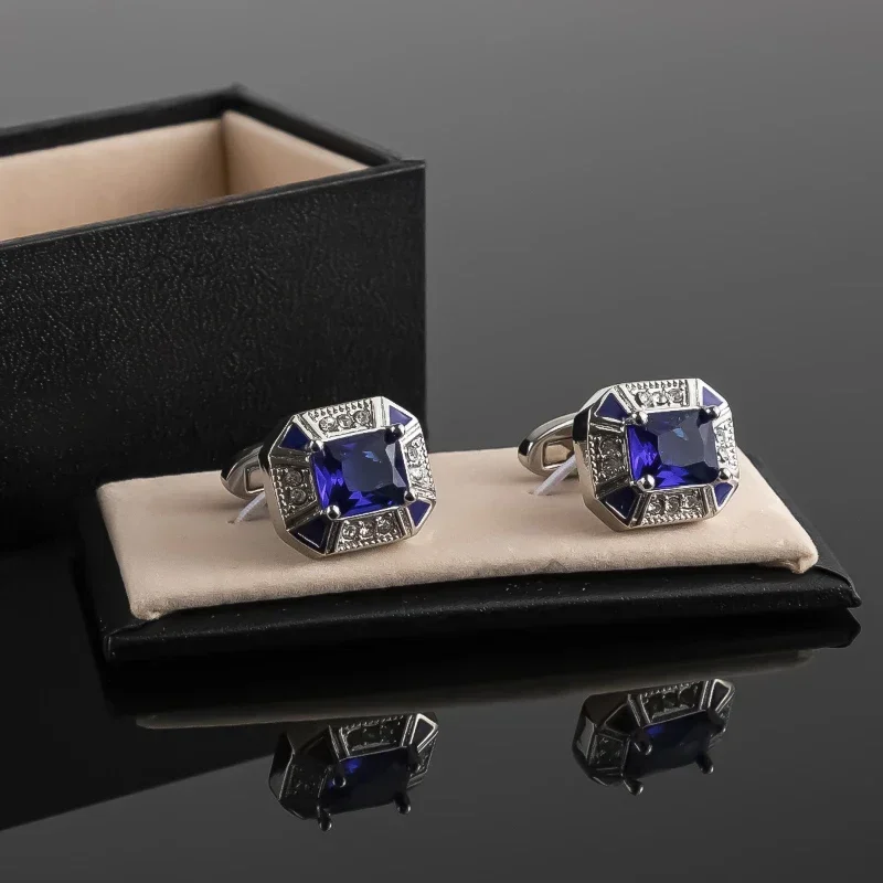 남성용 프렌치 커프스 링크, 데일리 연회 웨딩 슈트 셔츠 버튼, 클래식 트렌디 블루 크리스탈 비즈니스 커프 링크, 유니섹스 선물