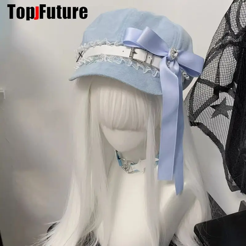 Custom Make Women Harajuku Gothic Lolita Beret hat Cap Y2K Girl bow Punk Lace handmake decorative Sun hats women berets