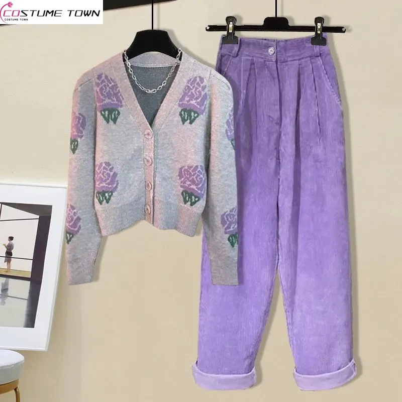 Two Piece Set of Retro, Fashionable, and High-end Women's Autumn New Flower V-neck Purple Sweater+corduroy Casual Pants anbernic rg351p 64gb retro game console purple