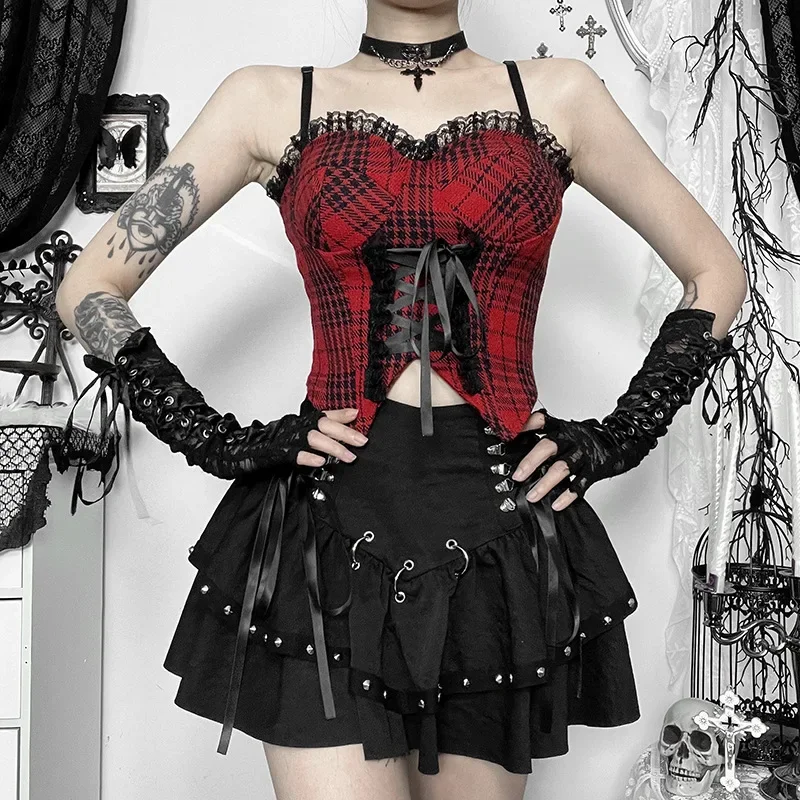 2025 New Vintage Dark Punk Rivet Corn Bandage Mini Skirt Gothic Punk Y2K Grunge Streetwear Women Pleat A-Line Sweet Slim Skirts 3