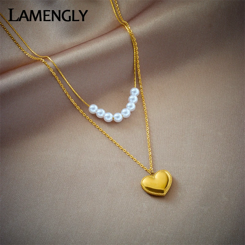 

LAMENGLY 316L Stainless Steel 2-Layer Pearl LOVE Heart Pendant Necklace For Women New Trend Girls Clavicle Chain Jewelry Gifts