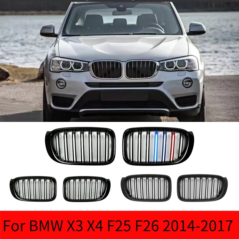 Glossy Black Front Bumper Kidney Grille Grill Hood Mesh Double Line For BMW X3 X4 F25 F26 2014-2017 Front Grille Racing Grills