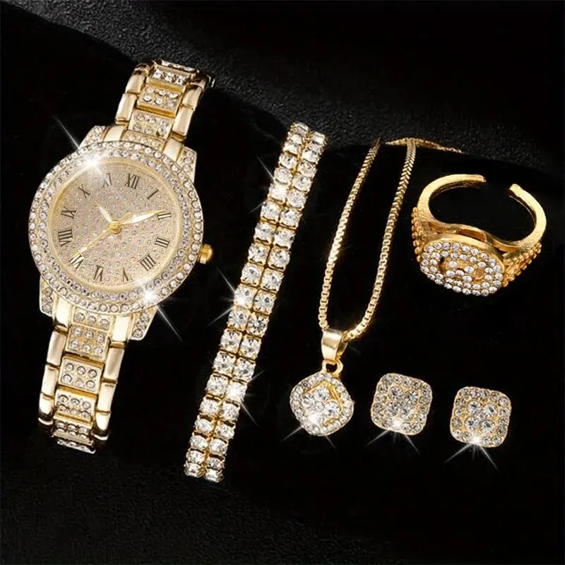 6PCS Women Watch Luxury Elegant Alloy Watch Crystal Wristwatch For Ladies Gift Quartz Watch Alloy Rhinestone Bracelet Montre 3