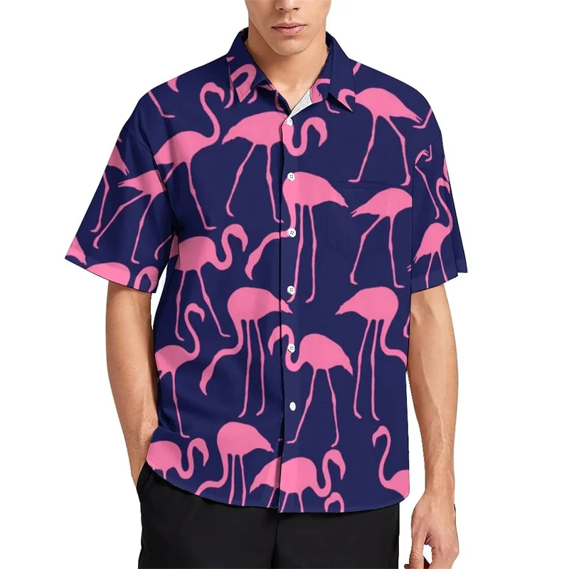 Birds Flamingo Parrot Hawaiian Shirts For Men 3D Printed Vacation Beach Shirt Trendy Short Sleeve Lapel Blouse Streetwear