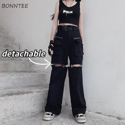 Pants Women Cool BF Spring Streetwear Fashion Solid Unisex Vintage All-match High Waist Harajuku Couple Hollow Out Cargo Style