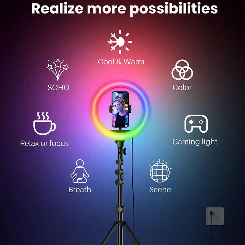 휴대용 사진 비디오 조명 키트, 밝기 조절 RGB LED 셀카 링 필 라이트, 스탠드 포함, 새로운 메이크업 비디오 라이브 키트, 8/10 인치, 12 인치