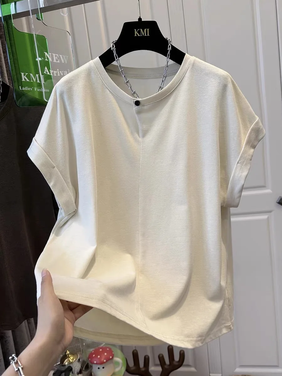 Women's Summer New Solid Color Simple Casual Button Short Sleeve T-shirt Loose Top Korean Style 2026 New Arrival