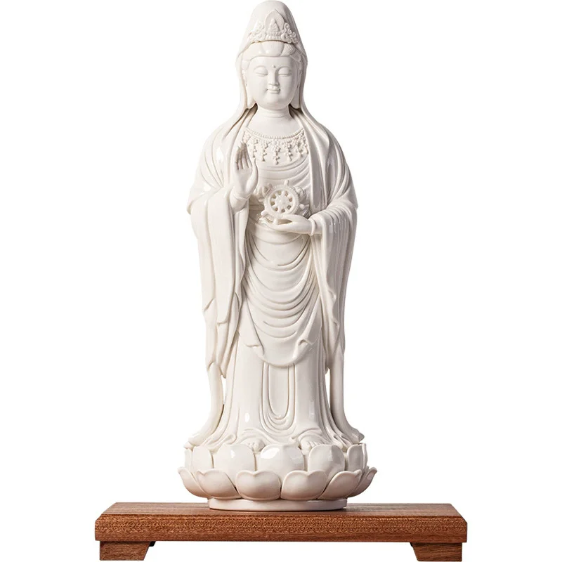 White Porcelain Guanyin Statue Standing Goddess of Mercy Bodhisattva Figure, Chinese Buddhist Altar Sculpture ，Zen Decor
