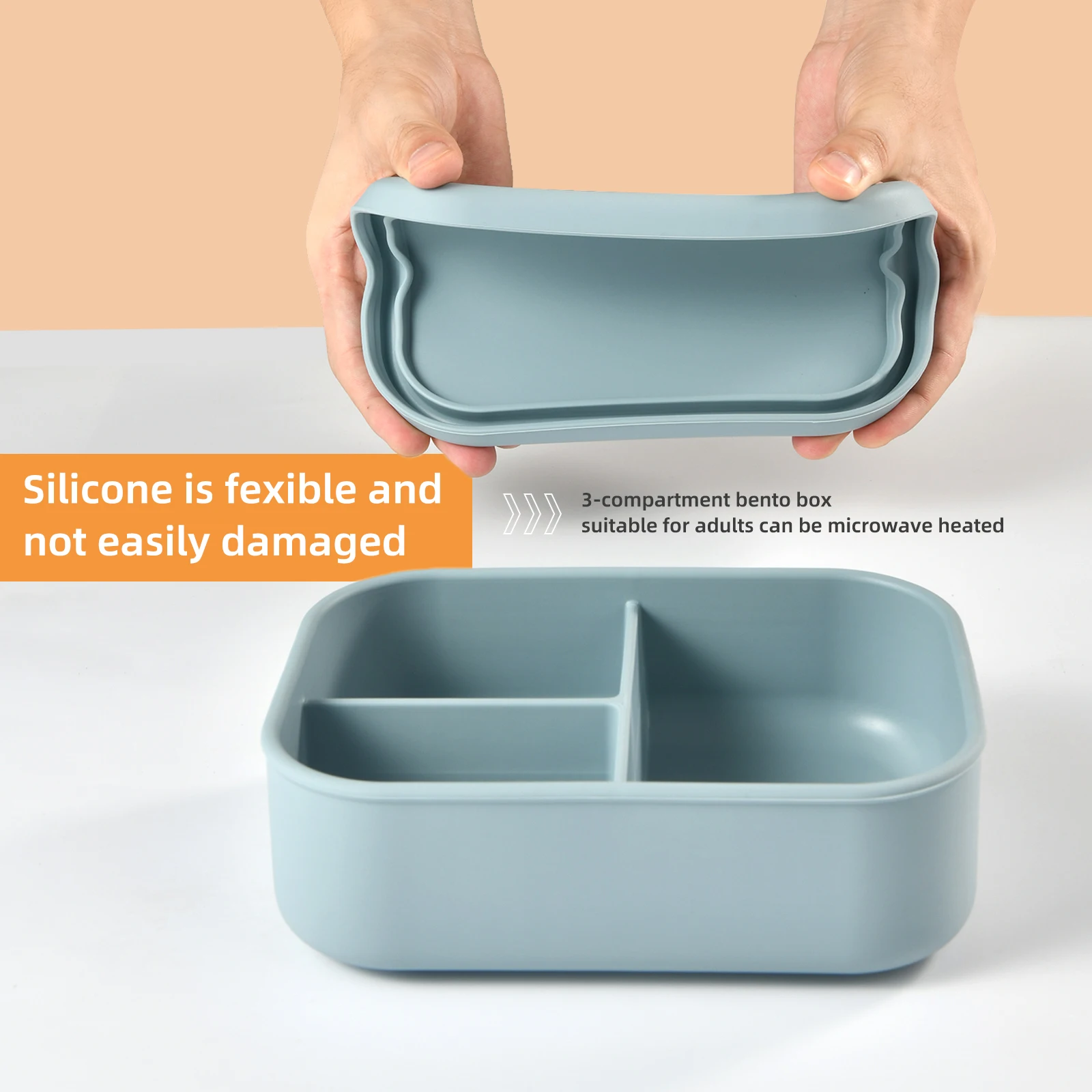 1PC square silicone three in one bento box for home and outdoor use, insulated rice bowls, food grade silicone bento box