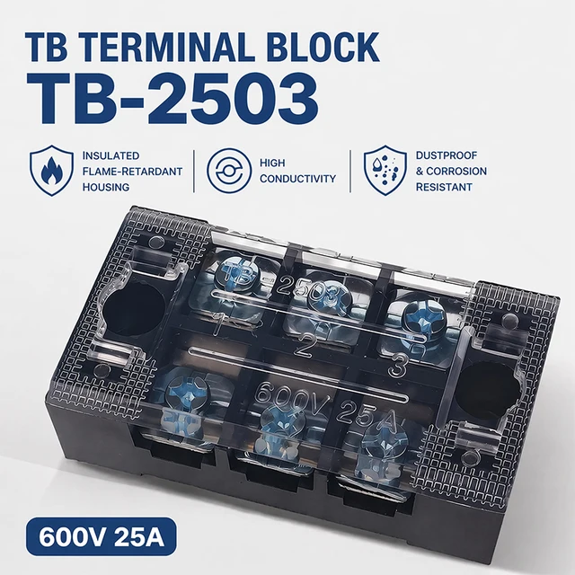 1PCS TB2503 Dual Row Thick Copper Screw Terminal Block Flame Retardant Grounding Strip Wire Connector Durable 600V 25A 1