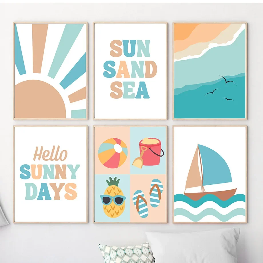 

Cartoon Sun Sea Beach Sailboat Seascape Nursery Wall Art Canvas Painting Nordic Posters And Prints Pictures Baby Kids Room Decor
