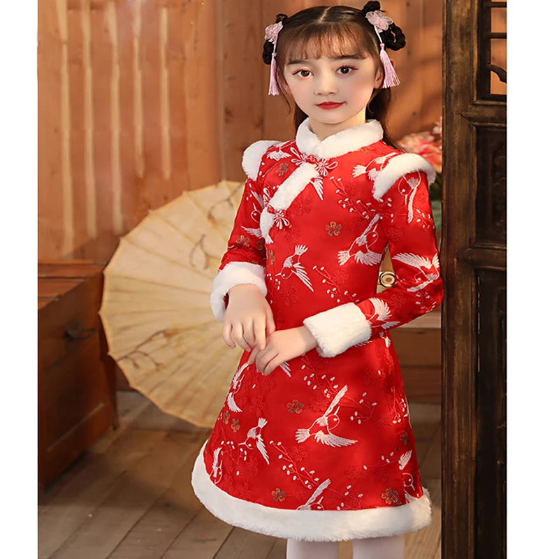 

Hanfu For Toddler Girl Winter Cheongsam Tang Dynasty Midi Dress Tang Dynasty Floral Fleece Thick Warm Qipao New Year Clothes