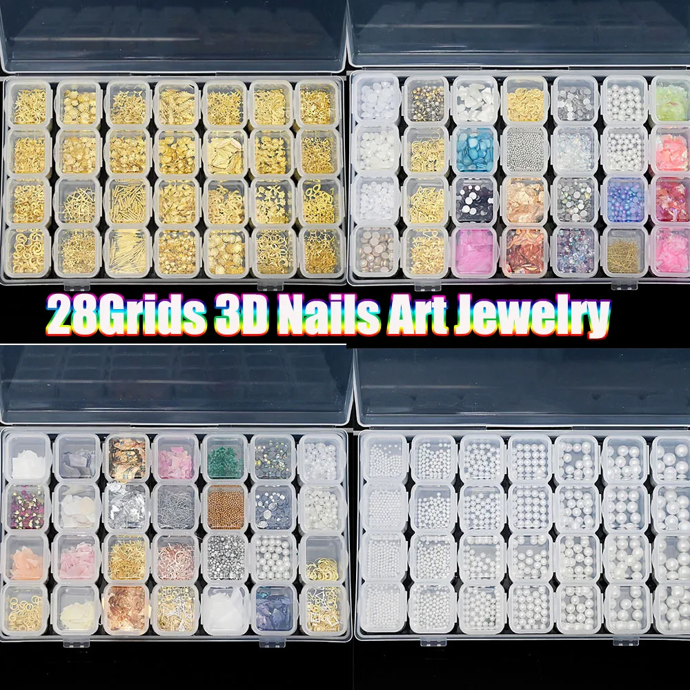 

28Grids/Box s Mixed Nail Art Decoration 3D Rivet/Pearl/Shell Design Nail Charms DIY Manicure Metal Alloy Boxed Nail Supplies
