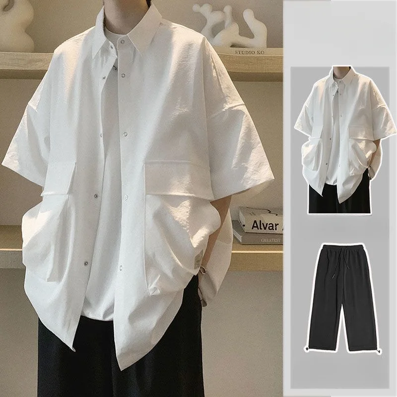 

Summer Men's Set Suit Jacket and Pants Solid Color Short Sleeve 2 Piece Set Summer Fashion Oversized Clothing Suit Man BS79
