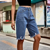 Women’s Ripped Bermuda Denim Shorts Solid Color Casual High Waist Raw Hem Knee Length Jean Shorts Streetwear - Image 3