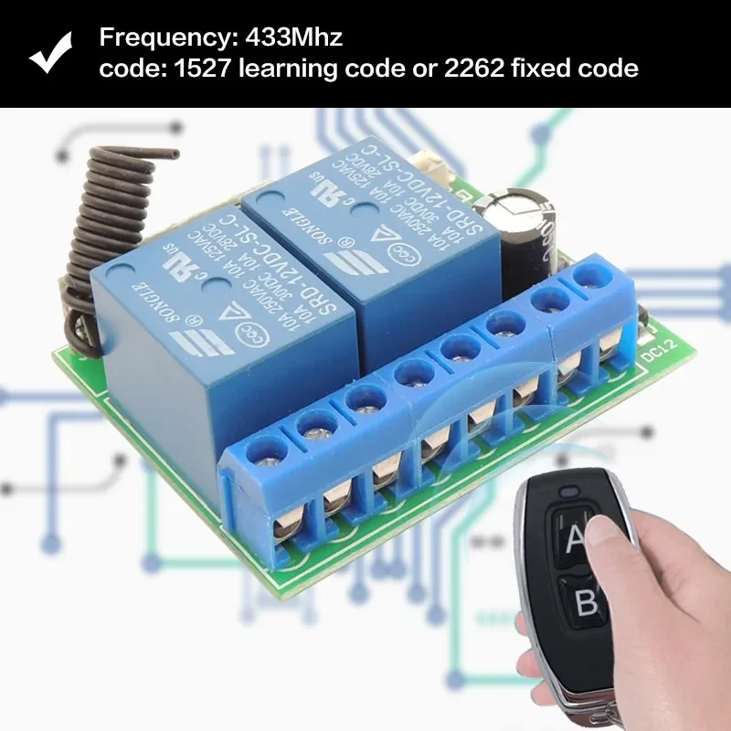 범용 차고 문 및 게이트 제어용 433MHz 범용 무선 원격 제어 DC 12V 2CH rf 릴레이 수신기 및 송신기