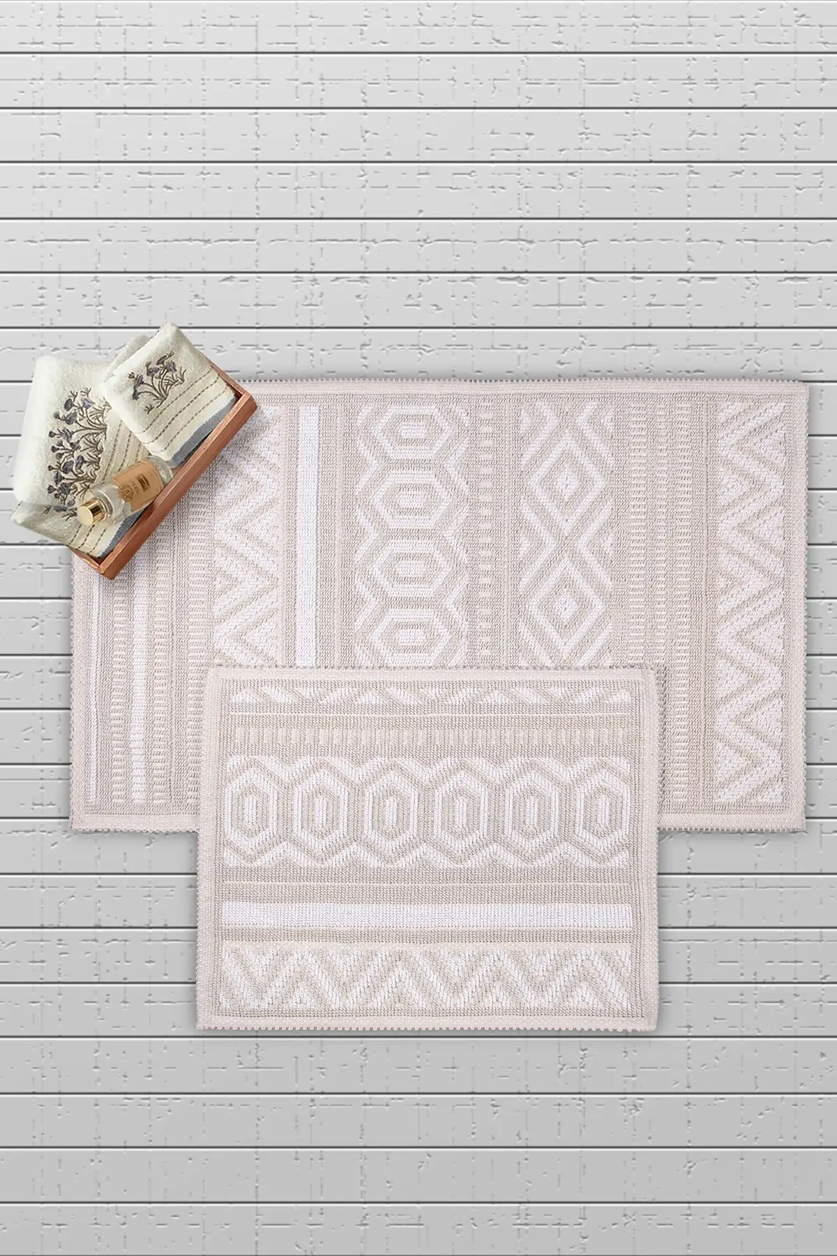

Line Natural Cotton 2 Bathroom Rug Set (60X100)+(50X60) White Mat Textile Home & Furniture
