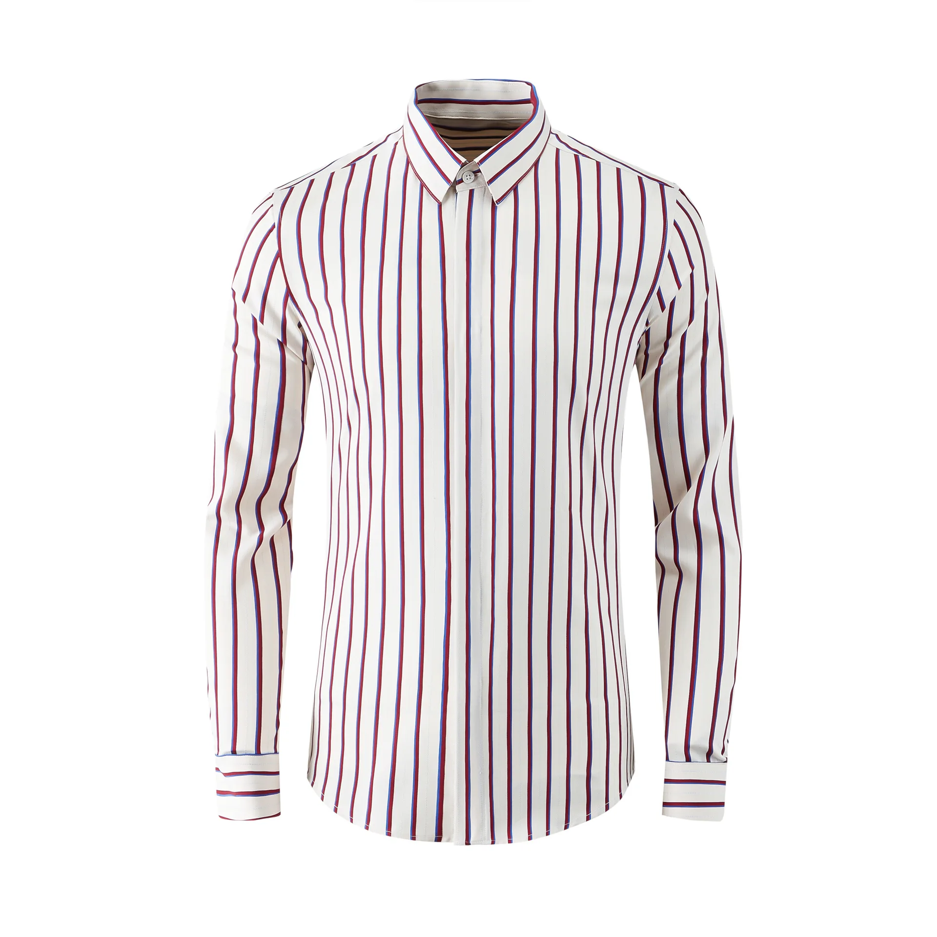 

High Quality Luxury Jewelry Red Striped Shirt Contrast Red Cuff 100%Cotton Fabric Long Sleeve Men Shirtsgood