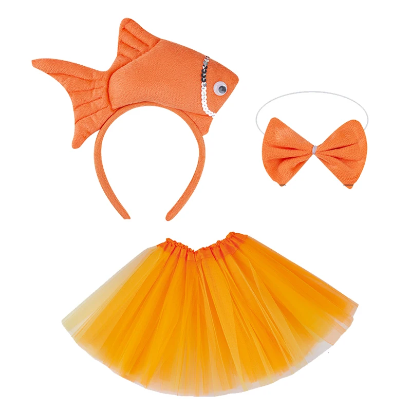 Kids Halloween Ocean Animal Costume Cute Goldfish Headband Tutu Skirt Set Carnival Party Fish Role Play Outfits