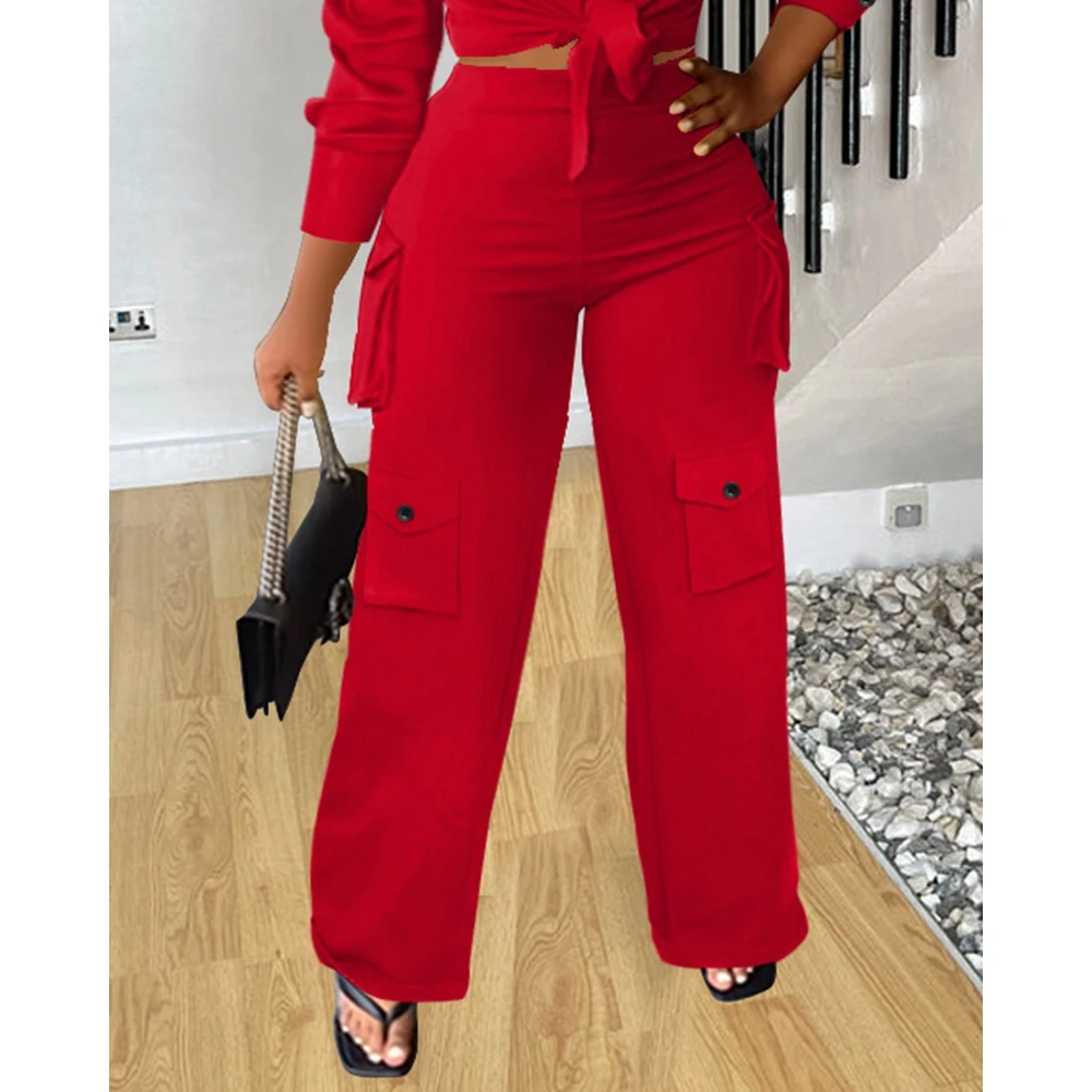 Autumn Women's Pocket Design Long Sleeve Top & Wide Leg Cargo Pants Set Casual Two Pieces Sets Streetwear Safari Style Outfits