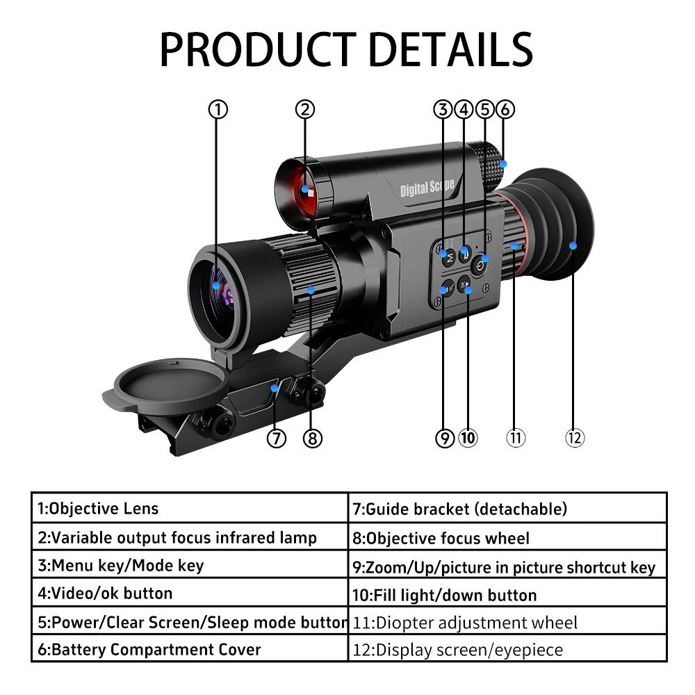 4K Hunting Night Vision Scope with PIP Video Rec Support 4X Digital Night Vision