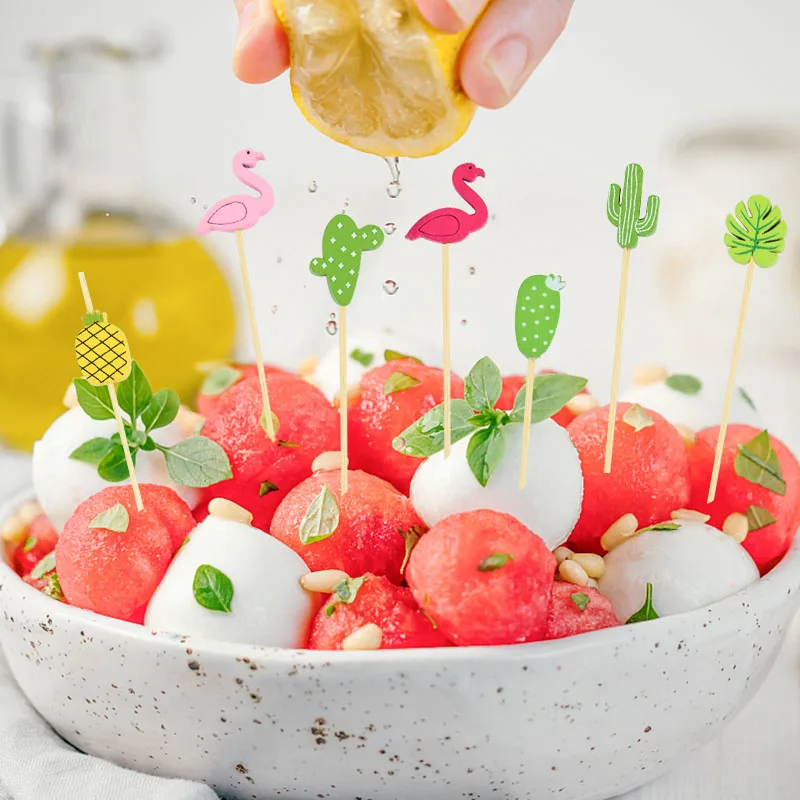 Bamboo Sticks 100Pcs Disposable Hawaiian Flamingo Pearl Cocktail Picks Food Fruit Forks Wedding Birthday Party Decor