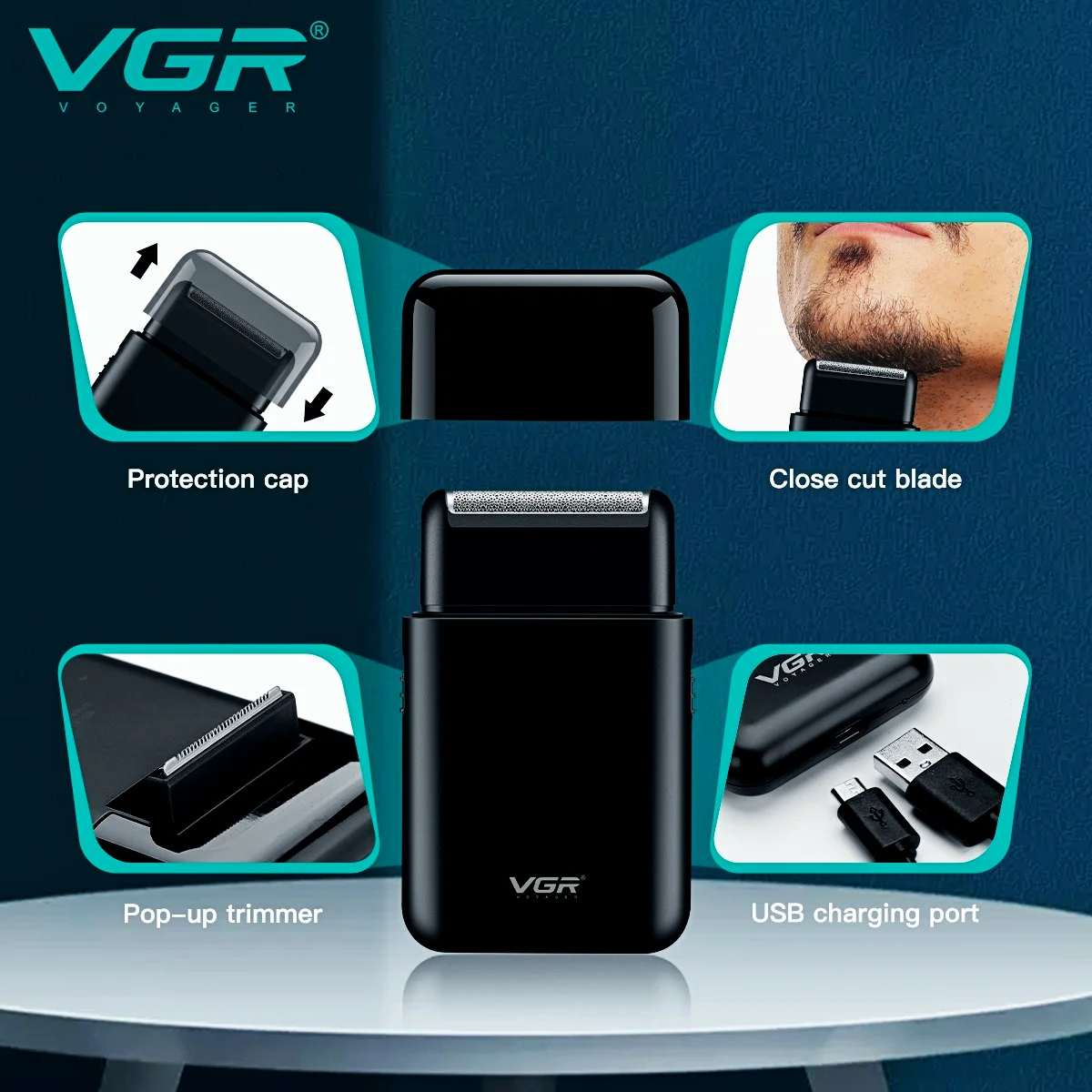 VGR Electric Shaver Professional Beard Trimmer Razor Portable Mini Shaver Reciprocating Shaving 2 Blade USB Charge for Men V-390 electric shaver