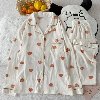 خريف جديد الحب القوس طباعة المرأة منامة طويلة الأكمام مجموعة 2 قطعة الحلو لطيف التلبيب ملابس خاصة زر أسفل المرأة منامة ملابس النوم 4