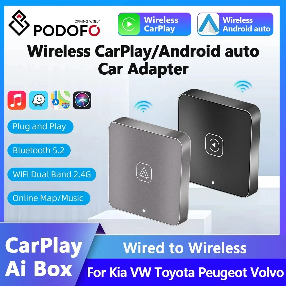 Podofo Carplay Ai Box Android Auto Wireless Streaming Box For VW Audi Toyota Honda Strong WiFi Bluetooth Voice Assistant