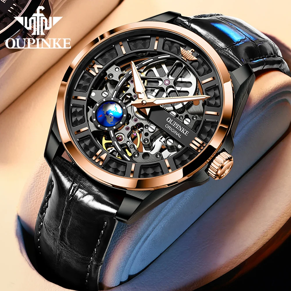 

OUPINKE New Men Automatic Mechanical Watch Skeleton Design 50M Waterproof Sapphire Leather Strap 3D Vision Rotationg Second Dial