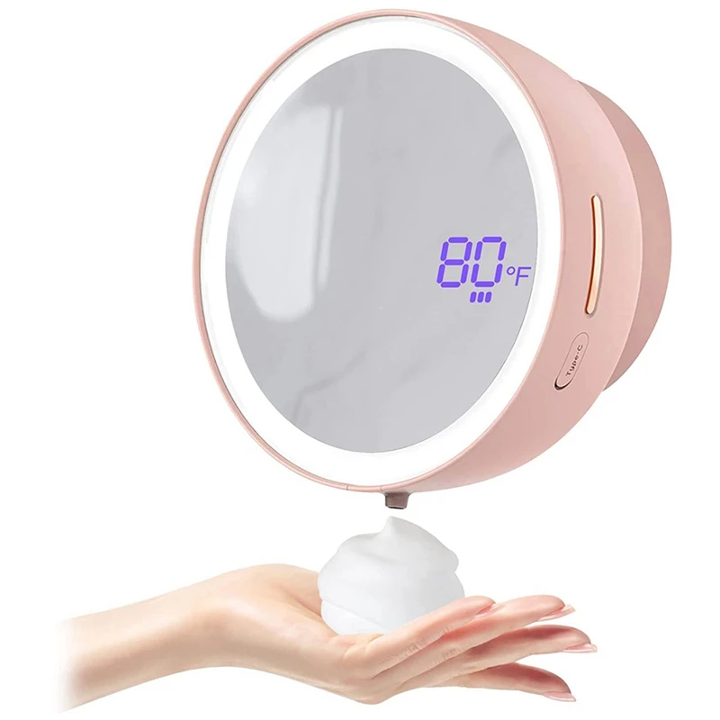 

1 Set Rechargeable Foaming Hand Soap Dispenser Wall Mounted Soap Dispenser With Fill Light & Mirror Pink