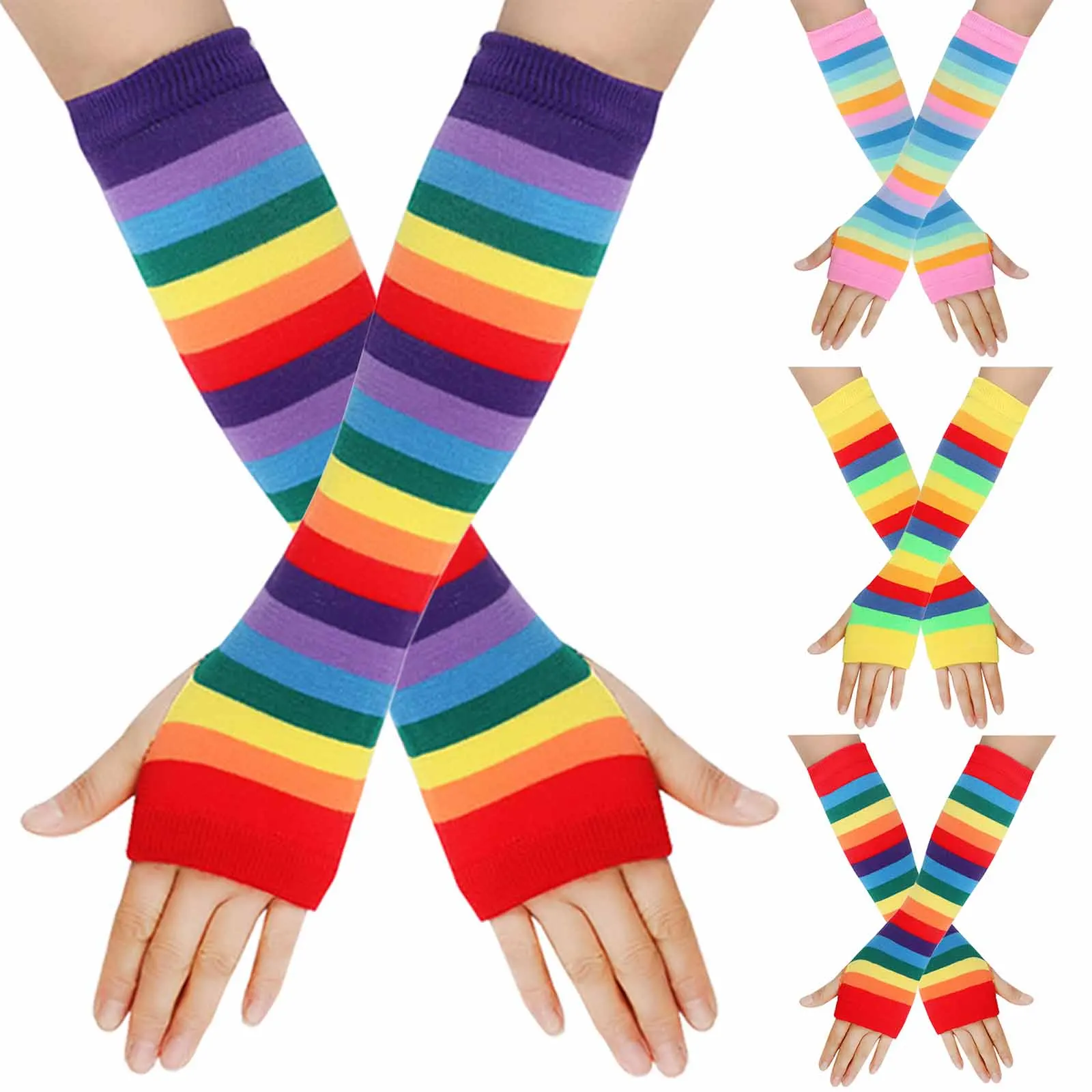 Fingerless Gloves Long Arm Cover Striped Knitted Wristband