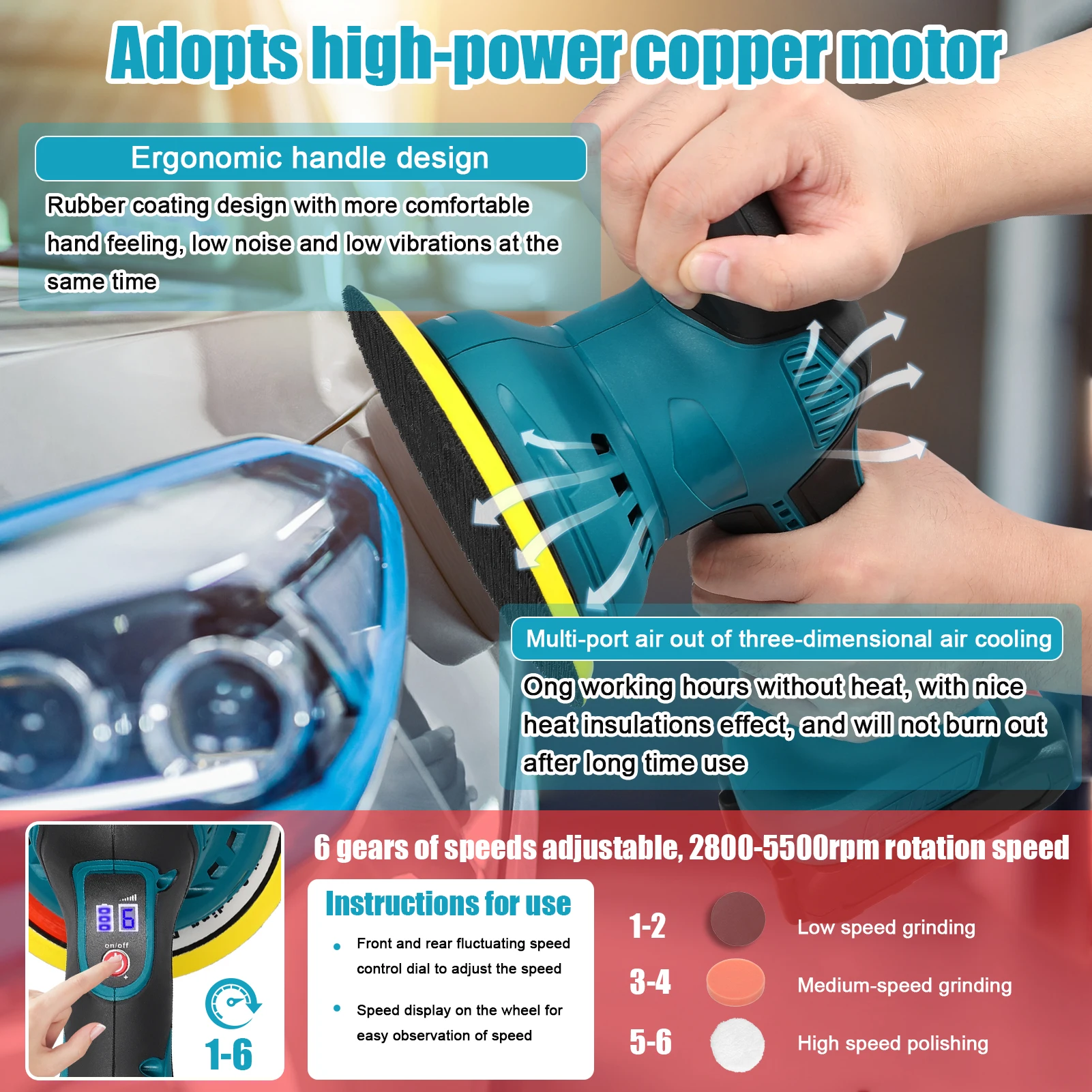 21V Cordless Car Polisher 6 Gears of Speeds Adjustable Electric Auto Polishing Machine Multifunctional Home Cleaning Metal Waxin