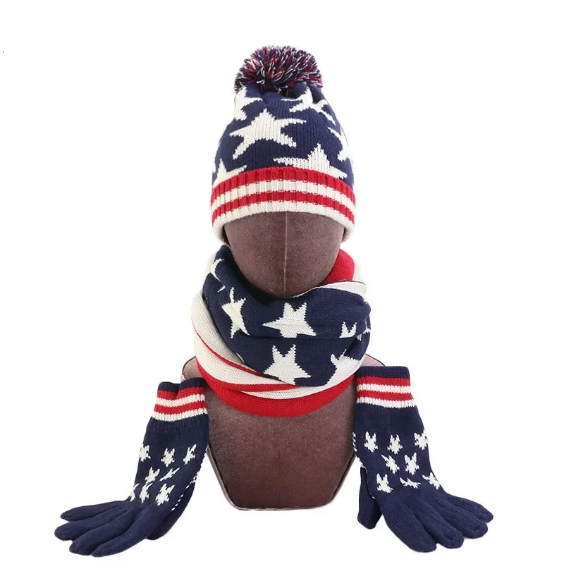 1 Set Boys Girls hat scarf glove Winter Hat Men Women's Knitted Hat Set Flag Star Printed Christmas gift Gloves Scarf + set