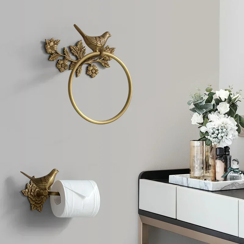 Luxury All-Copper Bathroom Accessories Retro Brass Bird Towel Ring Clear Texture Punch-Free Towel Holder Antique Bathroom Ac 2