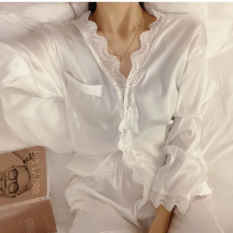 2 Pcs/Set Home Suit Pajamas for Women Sleepwear Female Long Sleeve Trousers Satin Silk Nightwear Suit Pijamas Pajama Set Women