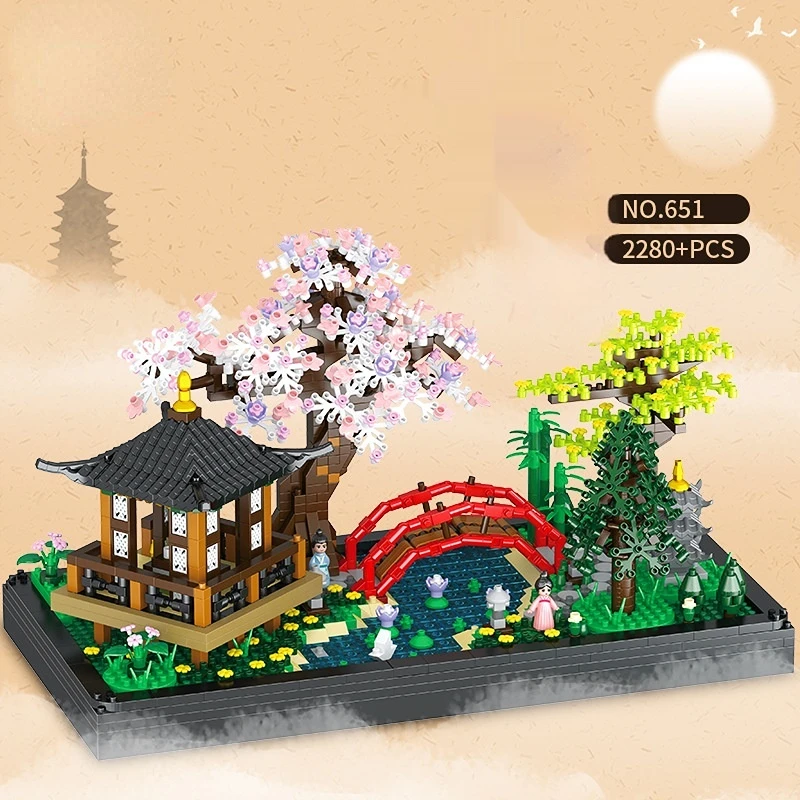 창의적인 중국 정원 안뜰 화분 아이디어 빌딩 블록, 빌라 풍경 대나무 숲 파빌리온 모델 벽돌 장난감, 아이 선물
