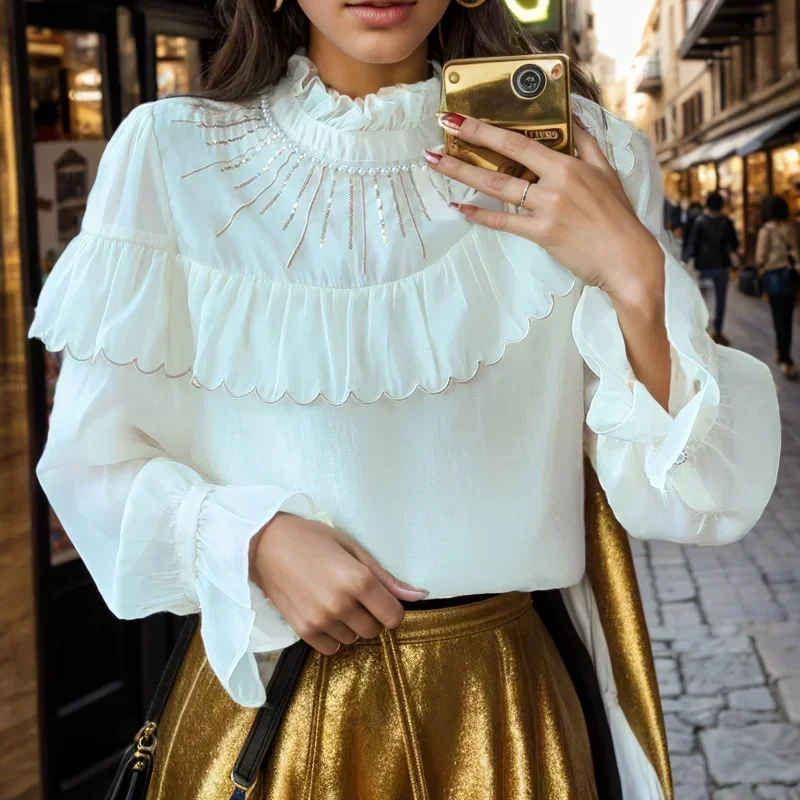 

Vintage Women Korean Sweet Women Blouse Elegant Flare Long Sleeve Ruffled Collar Shirt Fashion Clothes Tops Blusas Mujer 29757