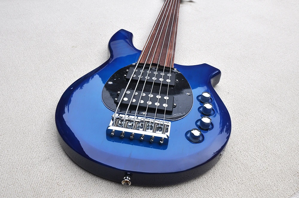 6 Strings Blue Fretless Electric Bass Guitar with Active Circuit,Rosewood Fretboard