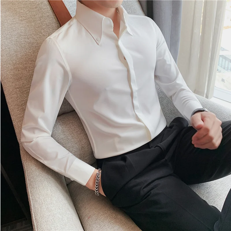 2023 Autumn Solid Concealed Placket Shirts Men Long Sleeve Slim Fit Social Shirt Male High Quality Business Casual Prom Tuxedo