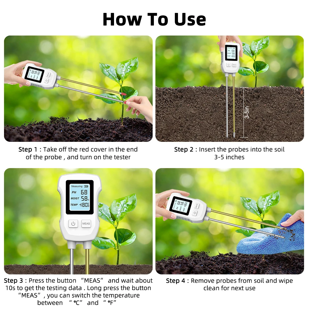 Digital Soil PH Meter 3in1 Soil Tester PH Moisture Temperature Test Kit LCD Scre