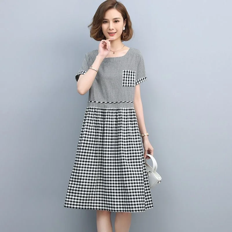 

Vintage Plaid Patchwork Midi Dress Women 2023 Summer Short Sleeve Casual A-Line O-Neck Fashion Pockets Folds Dresses Female